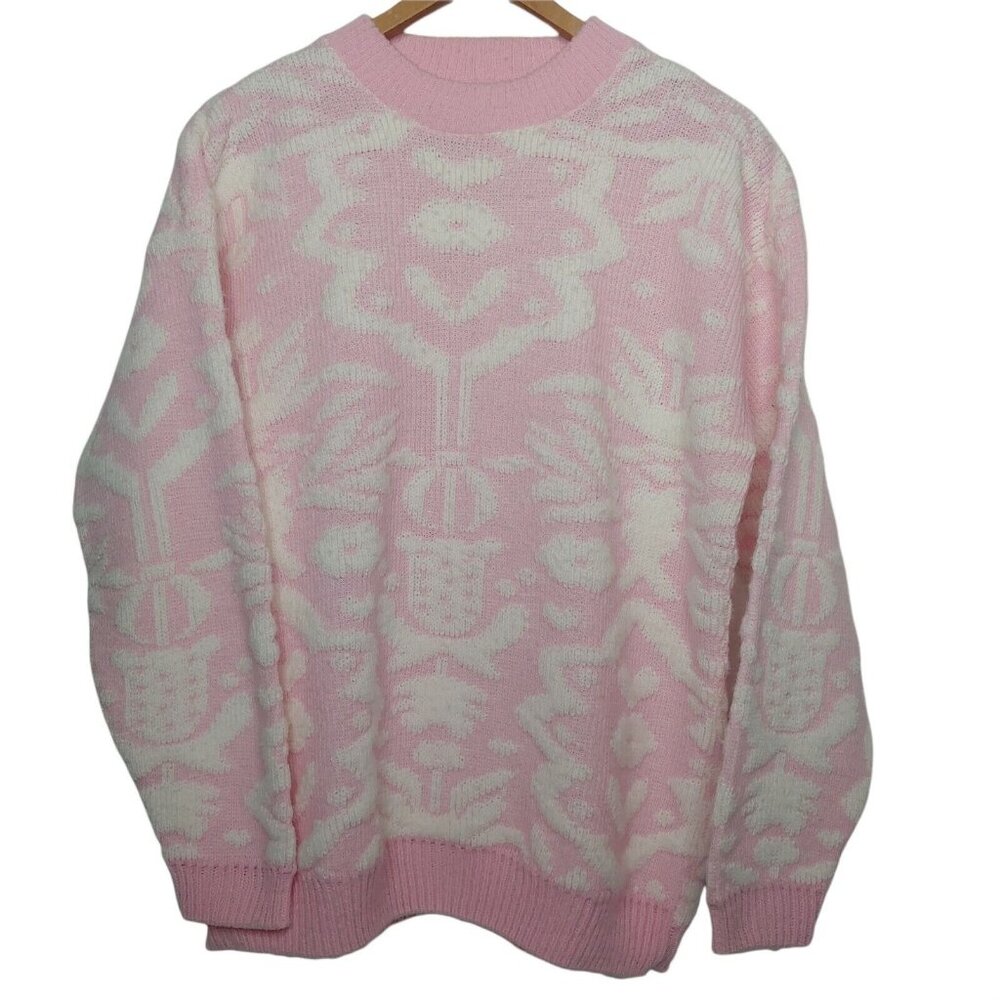 Vintage 80's Cabin Creek Women's S Sweater Pink White Chenille Retro Fairy Kei